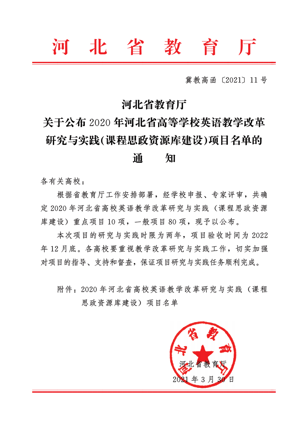 河北省教育厅关于公布2020年河北省高等学校英语教学改革研究与实践(课程思政资源库建设)项目名单的通知(1)_00